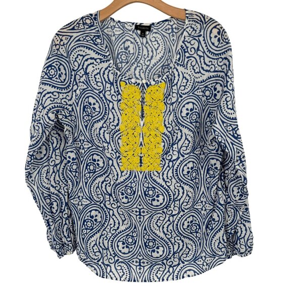 Talbots  Long Sleeve Blouse blue pattern Yellow Beaded Embellishment size medium - Picture 1 of 11